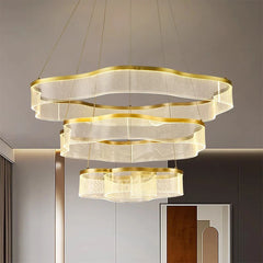 “Sculptural multi-ring ceiling chandelier in brushed gold”