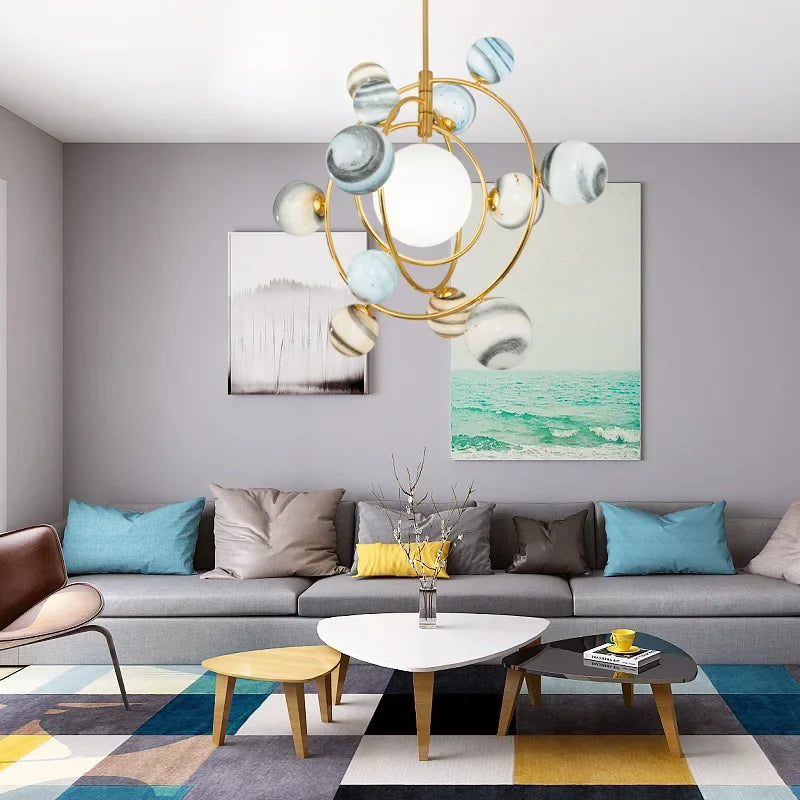 Seven-light LED glass ball chandelier enhancing a contemporary living room