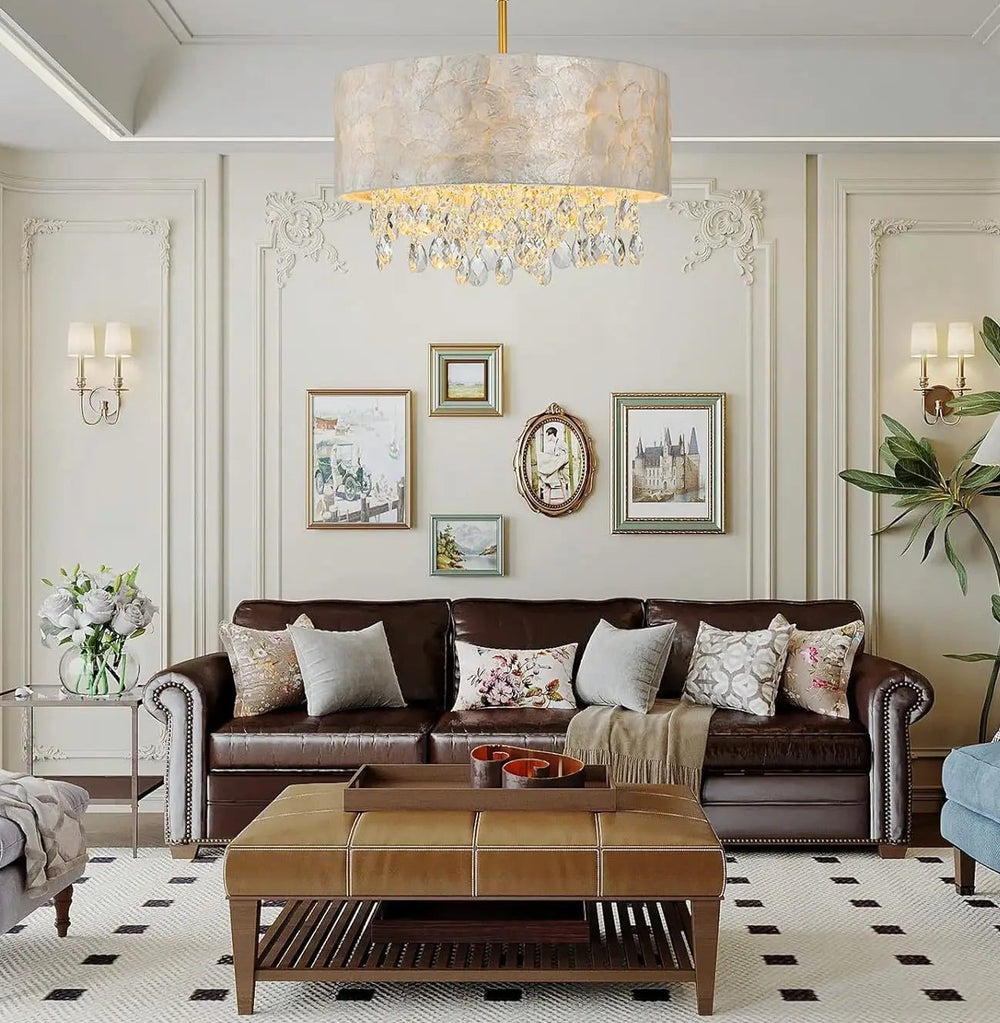 Round shell and K9 crystal pendant chandelier with chain hanging design