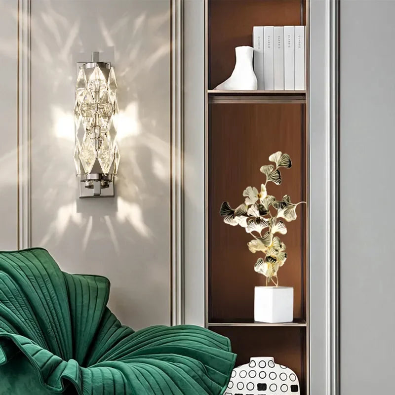 Stainless steel wall-mounted crystal sconce with E14 base for bedroom wall lighting