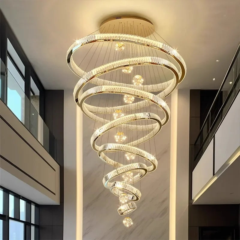“Luxury spiral crystal chandelier in a modern foyer”