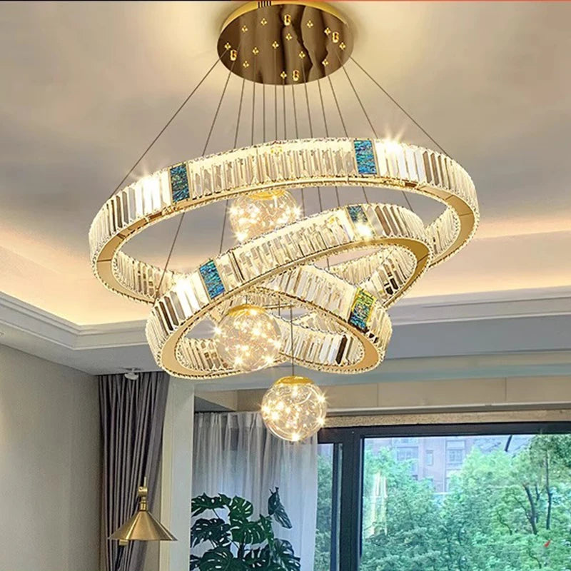 “Spiral multi-ring crystal chandelier for high ceiling room”