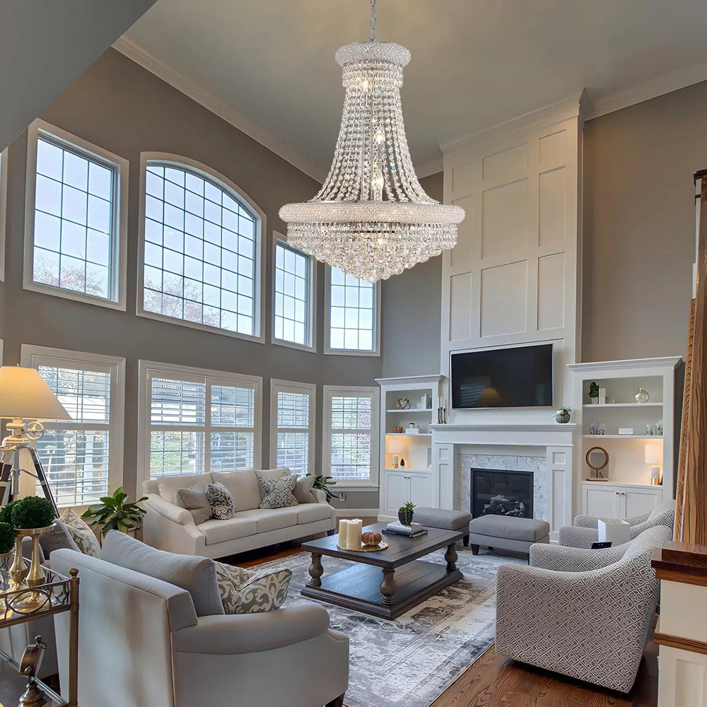 Chrome ceiling chandelier with crystal shade designed for loft spaces