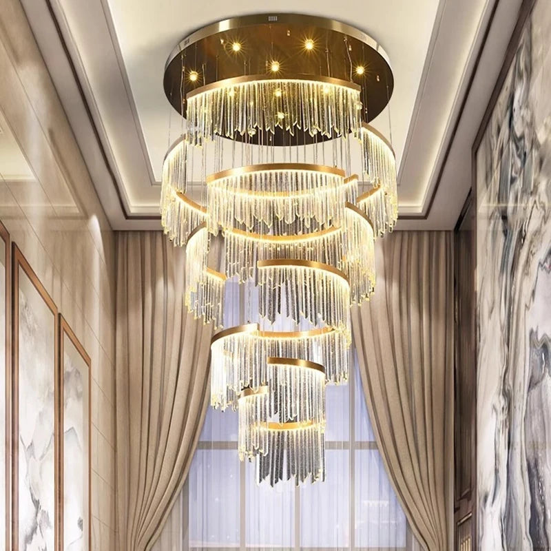 Tiered crystal chandelier designed for duplex living room tall ceiling