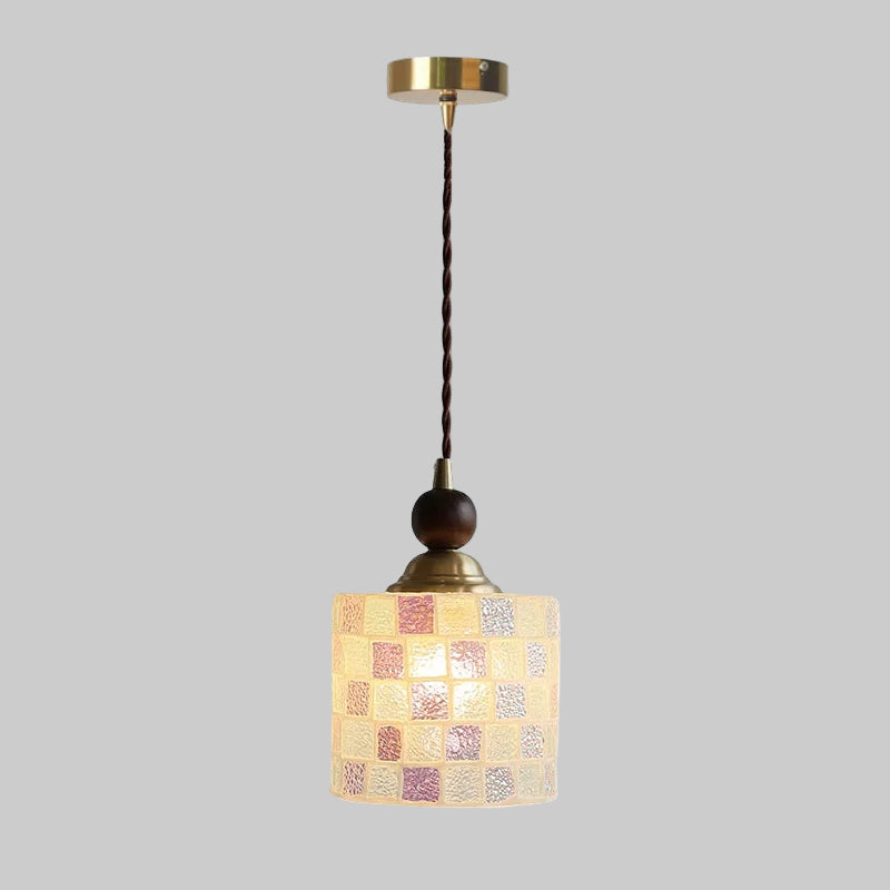 “Tiffany mosaic glass pendant light with copper and wood accents, Liglite”