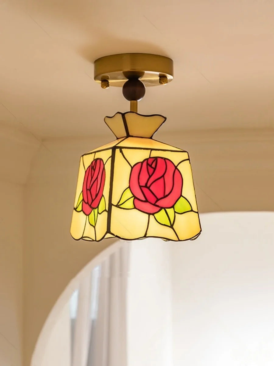 “Tiffany rose glass ceiling light with copper and wood mounting, Liglite”