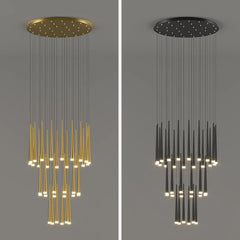 Hanging spiral chandelier providing ambient light in a tall space