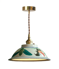 Pendant light with floral design on a white background; Vintage ceramic pendant light with floral painting for dining or kitchen.