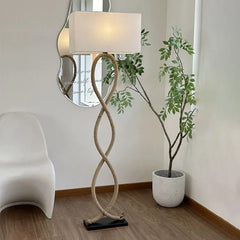“Wabi Sabi hemp rope floor lamp with rattan fabric shade”