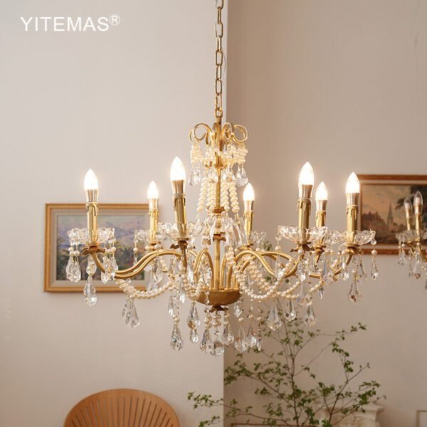Copper Gold Lighting With Pearl Decoration Foyer Hanging Chandelier 1