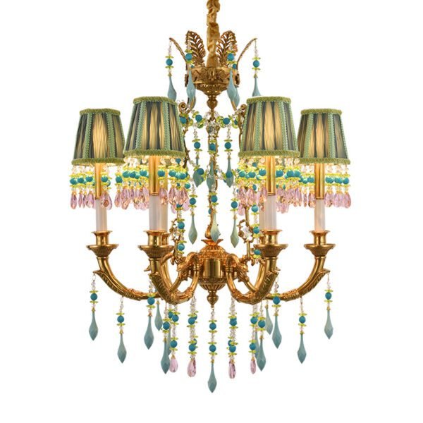 French Copper Crystal Lamp Shade Chandelier 1