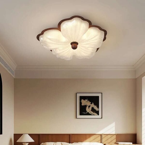 Nordic Floral LED Ceiling Light with solid wood base