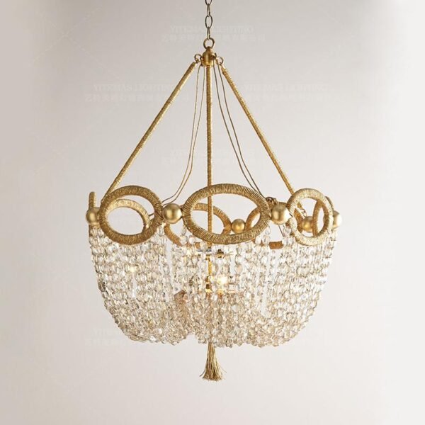 Gold And Crystal Hemp Rope Beaded Hanging Light Fixture 1