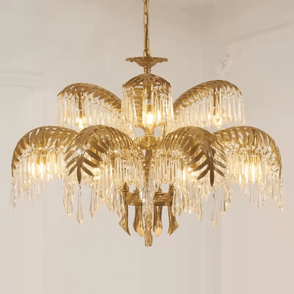 Gold Brass Hanging Palm Leaves Chandelier 1