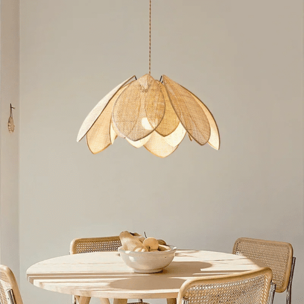 Warm beige rattan farmhouse pendant chandelier.